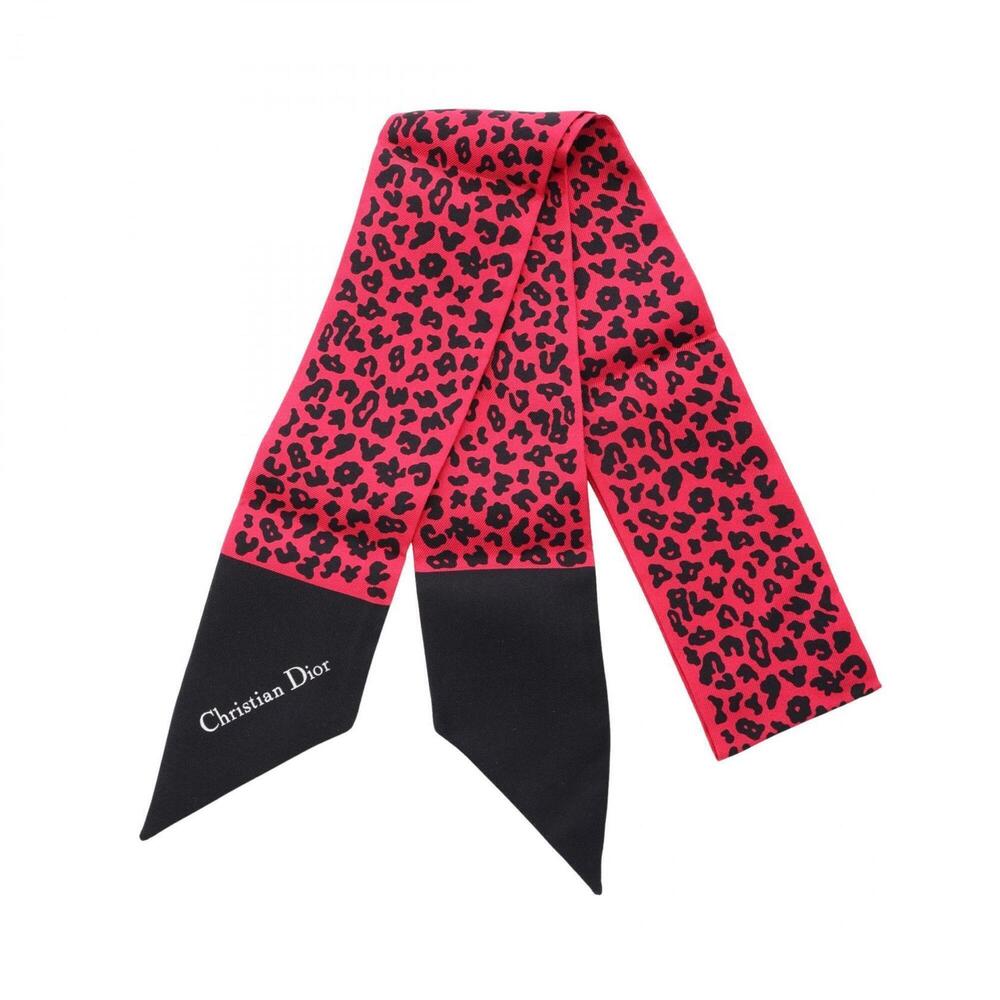Christian Dior Dior Mitzah Leopard Ribbon Scarf/Muffler, Silk, Women's, Red/B...